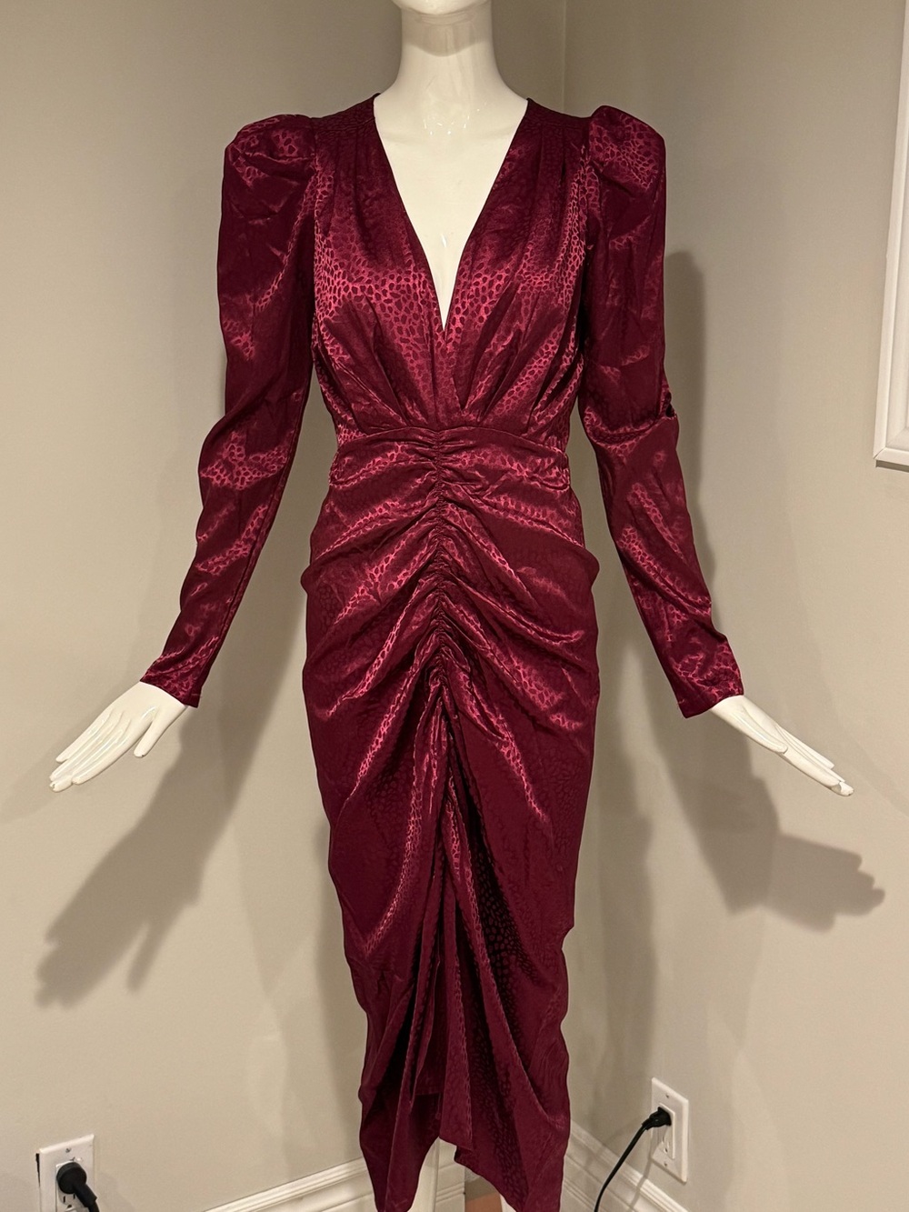 NWT Torn by Ronny Kobo Astrid Dress Wine Jacquard Ruched XS